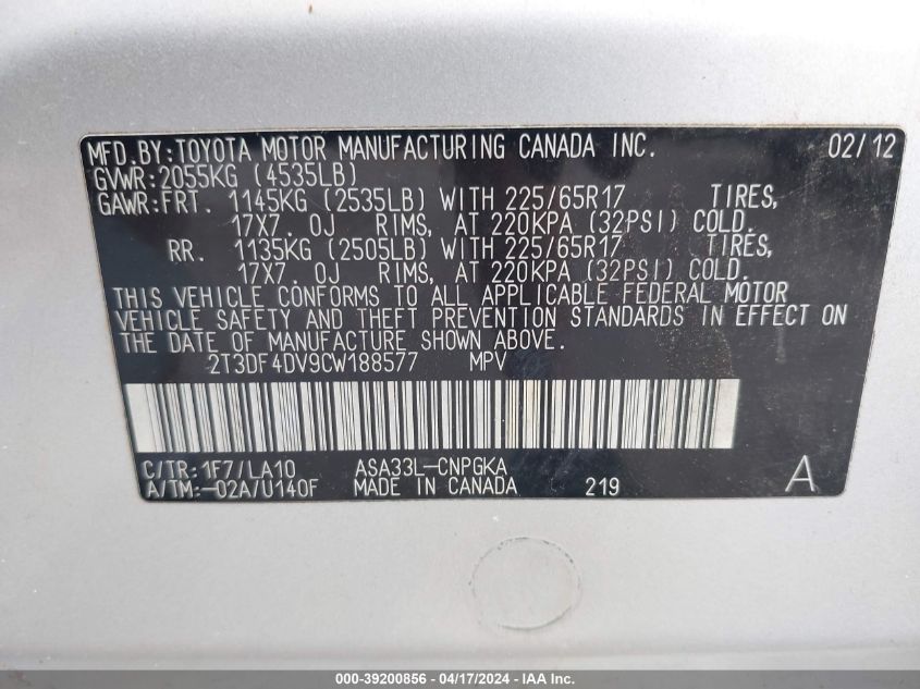 2012 Toyota Rav4 Limited VIN: 2T3DF4DV9CW188577 Lot: 39200856