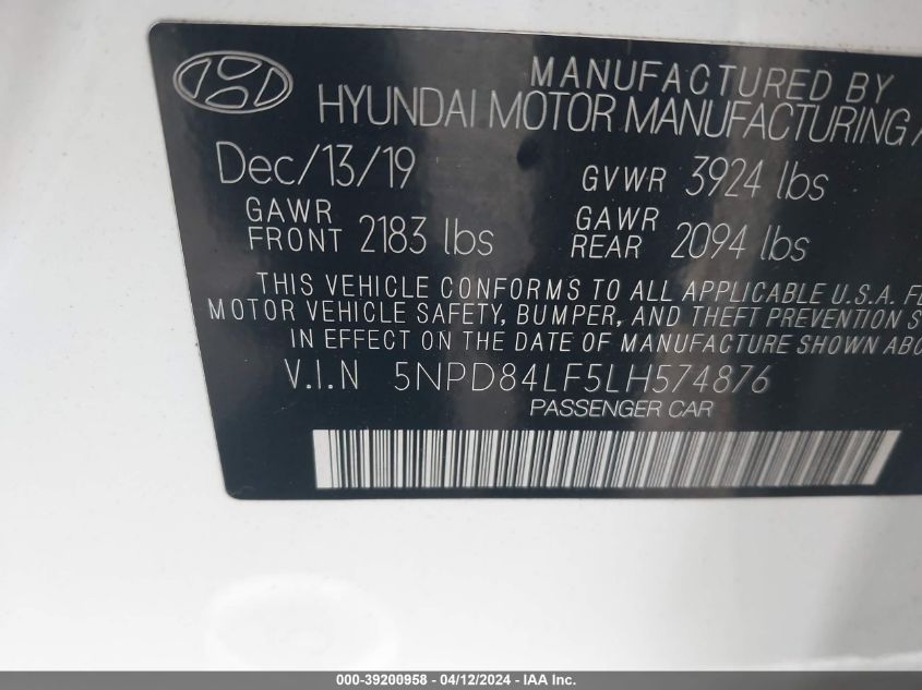 VIN 5NPD84LF5LH574876 2020 HYUNDAI ELANTRA LIMITED