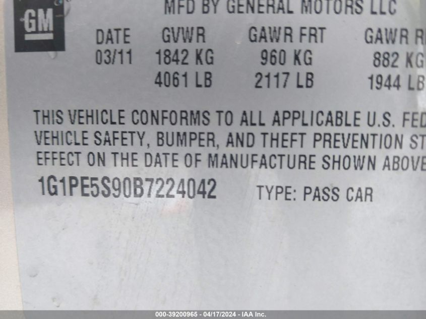 2011 Chevrolet Cruze Lt VIN: 1G1PE5S90B7224042 Lot: 39225414