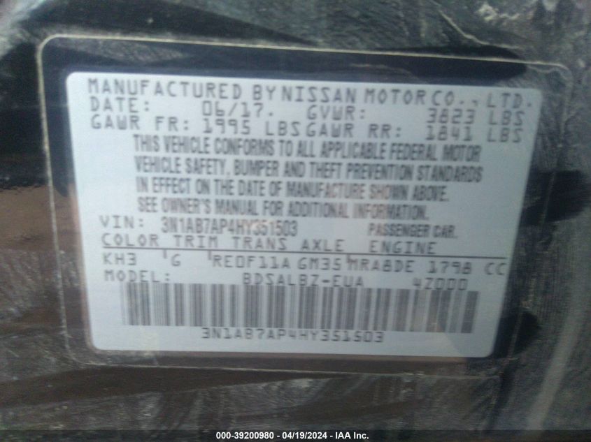 2017 Nissan Sentra S VIN: 3N1AB7AP4HY351503 Lot: 39200980