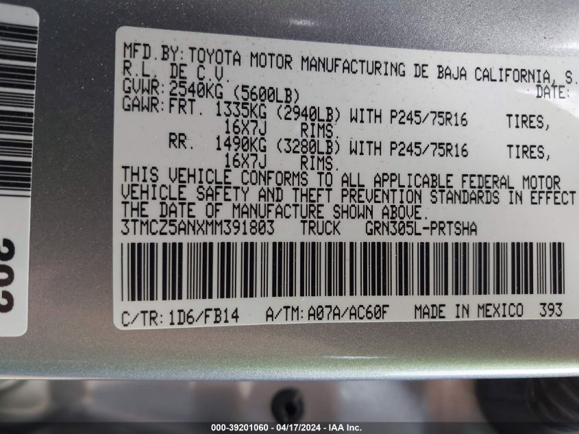 2021 Toyota Tacoma Sr V6 VIN: 3TMCZ5ANXMM391803 Lot: 39201060