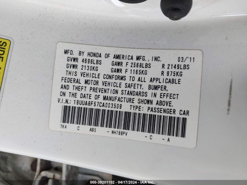 2012 Acura Tl 3.5 VIN: 19UUA8F57CA003509 Lot: 39227205