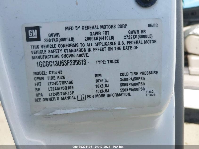 2003 Chevrolet Silverado 1500Hd Lt VIN: 1GCGC13U63F235613 Lot: 39227412