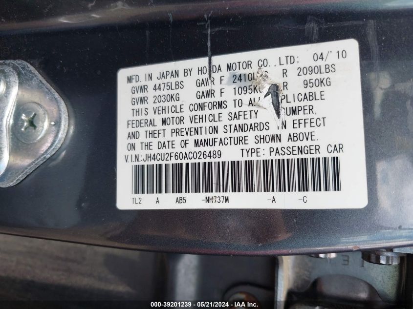 2010 Acura Tsx 2.4 VIN: JH4CU2F60AC026489 Lot: 39201239