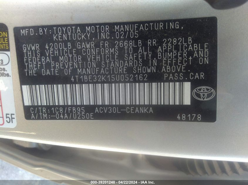 4T1BE32K15U052162 2005 Toyota Camry Le