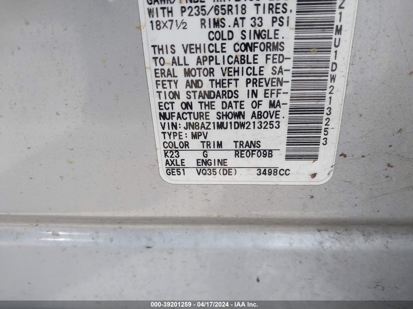 2013 NISSAN MURANO S/SL/LE - JN8AZ1MU1DW213253