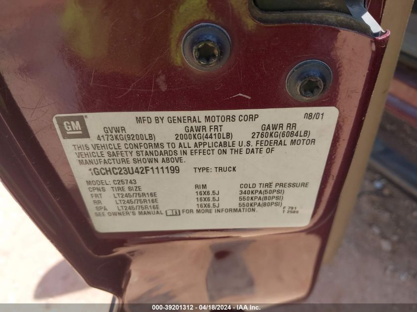 2002 Chevrolet Silverado 2500Hd Ls VIN: 1GCHC23U42F111199 Lot: 51669414