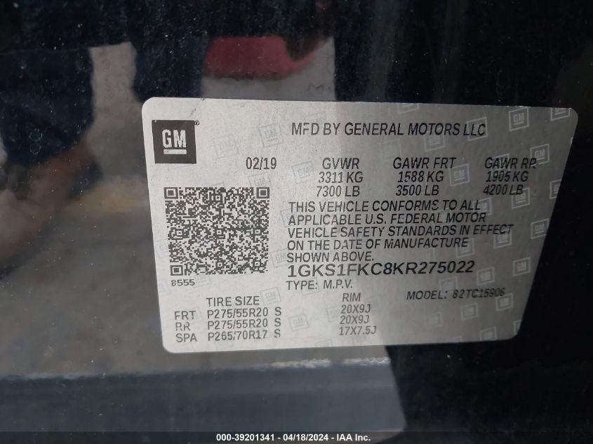 2019 GMC Yukon Xl Sle VIN: 1GKS1FKC8KR275022 Lot: 43425964