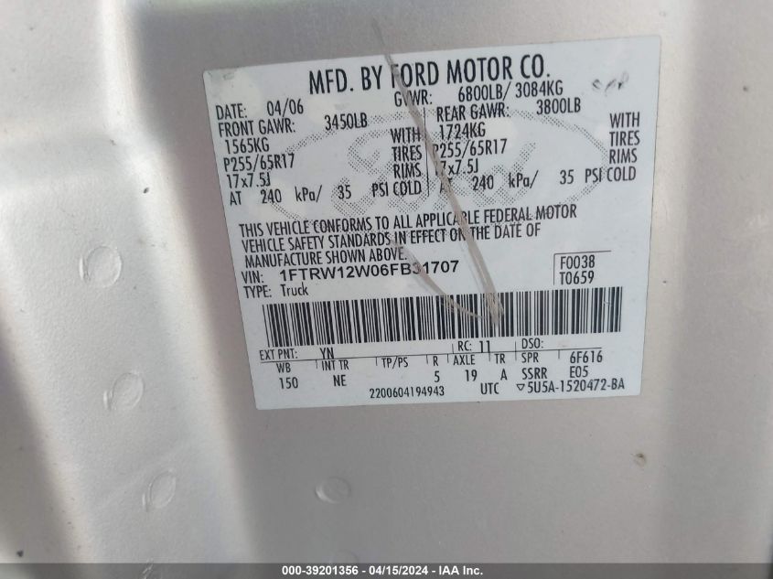 1FTRW12W06FB31707 | 2006 FORD F-150