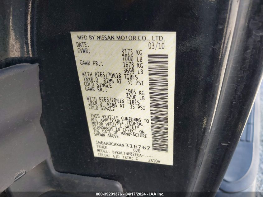 2010 Nissan Titan Se VIN: 1N6AA0CHXAN316767 Lot: 39201376