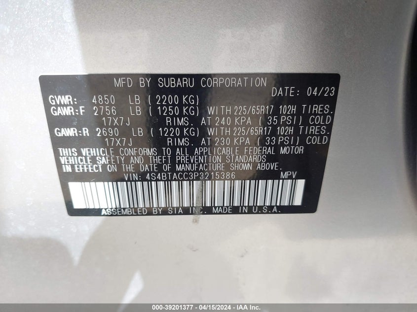 VIN 4S4BTACC3P3215386 2023 SUBARU OUTBACK PREMIUM