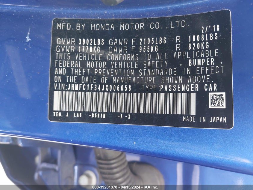 VIN JHMFC1F34JX006058 2018 HONDA CIVIC EX