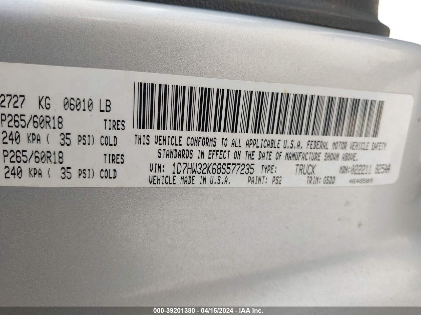 1D7HW32K68S577235 | 2008 DODGE DAKOTA