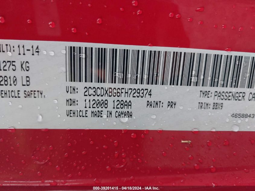 2015 Dodge Charger Se VIN: 2C3CDXBG6FH729374 Lot: 39236777