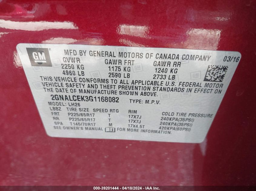 2016 Chevrolet Equinox Lt VIN: 2GNALCEK3G1168082 Lot: 39201444