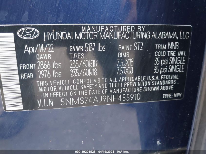 2022 Hyundai Santa Fe Sel VIN: 5NMS24AJ9NH455910 Lot: 39201525