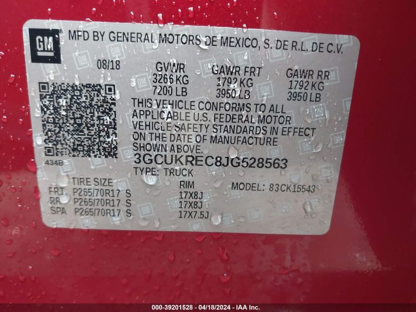 2018 Chevrolet Silverado 1500 1Lt VIN: 3GCUKREC8JG528563 Lot: 39236464