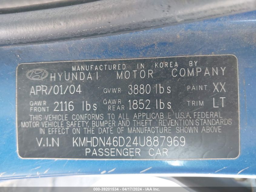 KMHDN46D24U887969 2004 Hyundai Elantra Gls/Gt