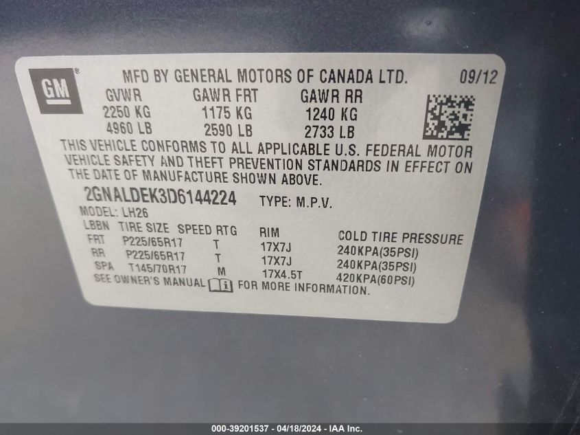 2013 Chevrolet Equinox 1Lt VIN: 2GNALDEK3D6144224 Lot: 39201537