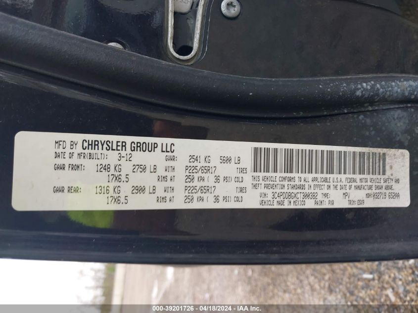 2012 Dodge Journey Sxt VIN: 3C4PDDBGXCT300382 Lot: 39201726