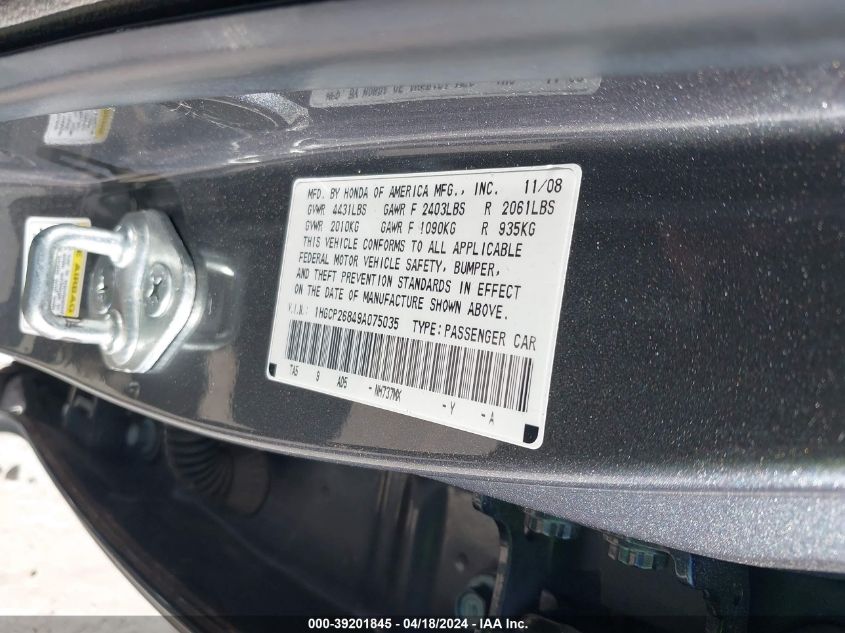 2009 Honda Accord 2.4 Ex-L VIN: 1HGCP26849A075035 Lot: 39225176