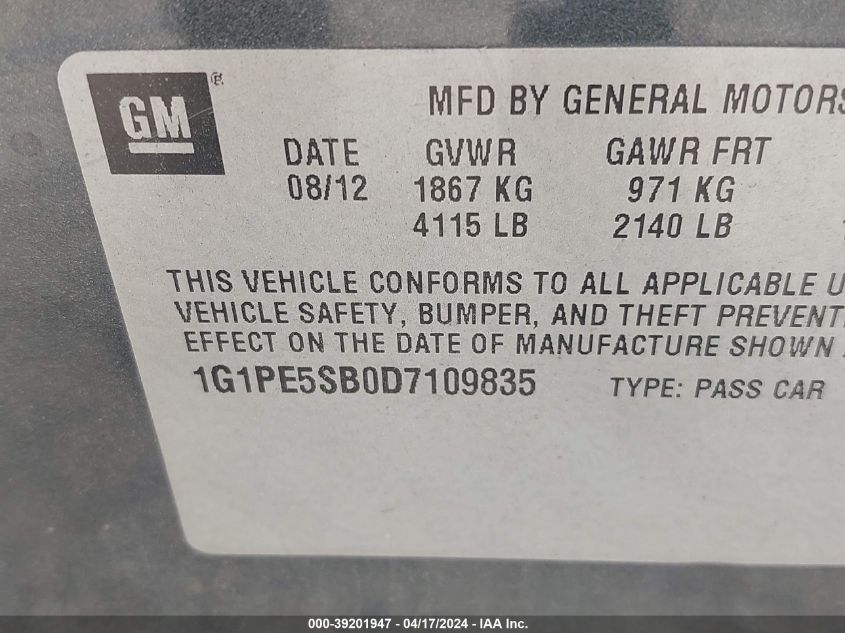 2013 Chevrolet Cruze 2Lt Auto VIN: 1G1PE5SB0D7109835 Lot: 39226078