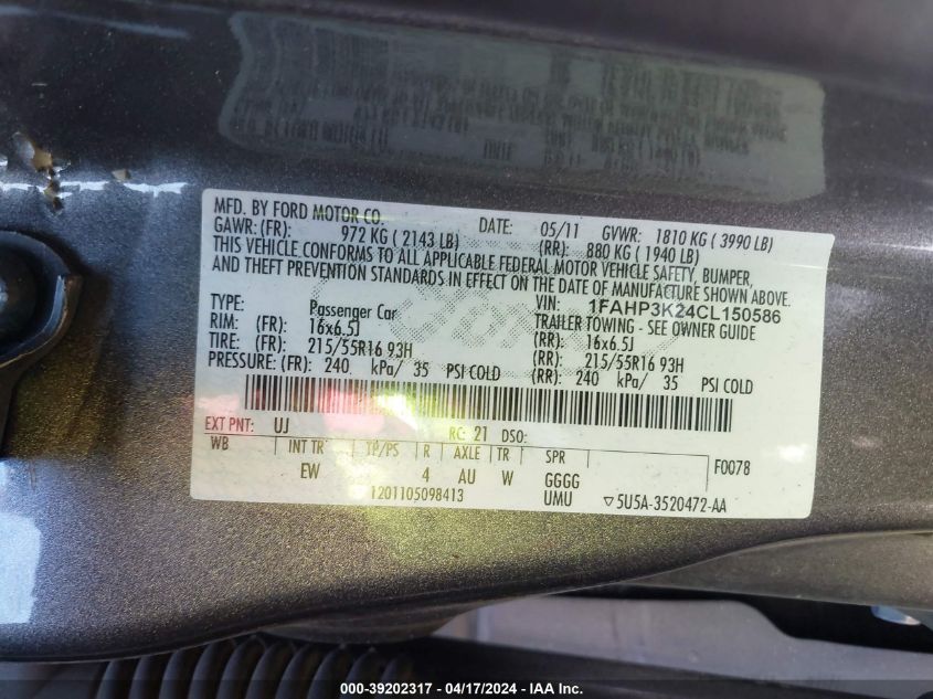 2012 Ford Focus Se VIN: 1FAHP3K24CL150586 Lot: 39202317