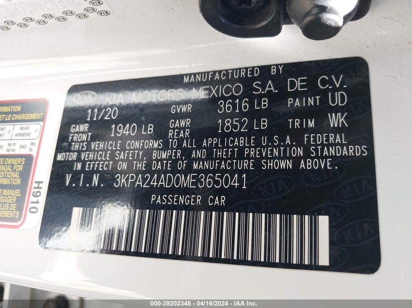 VIN 3KPA24AD0ME365041 2021 KIA RIO S