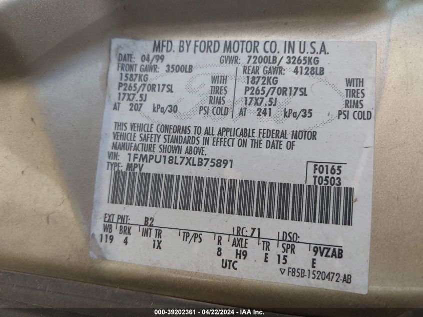 1999 Ford Expedition Eddie Bauer/Xlt VIN: 1FMPU18L7XLB75891 Lot: 50404104