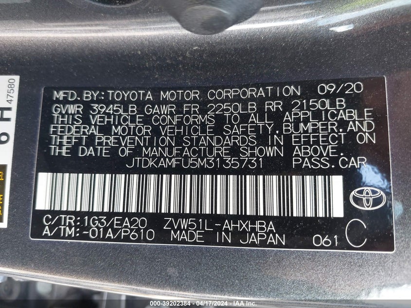 VIN JTDKAMFU5M3135731 2021 TOYOTA PRIUS XLE