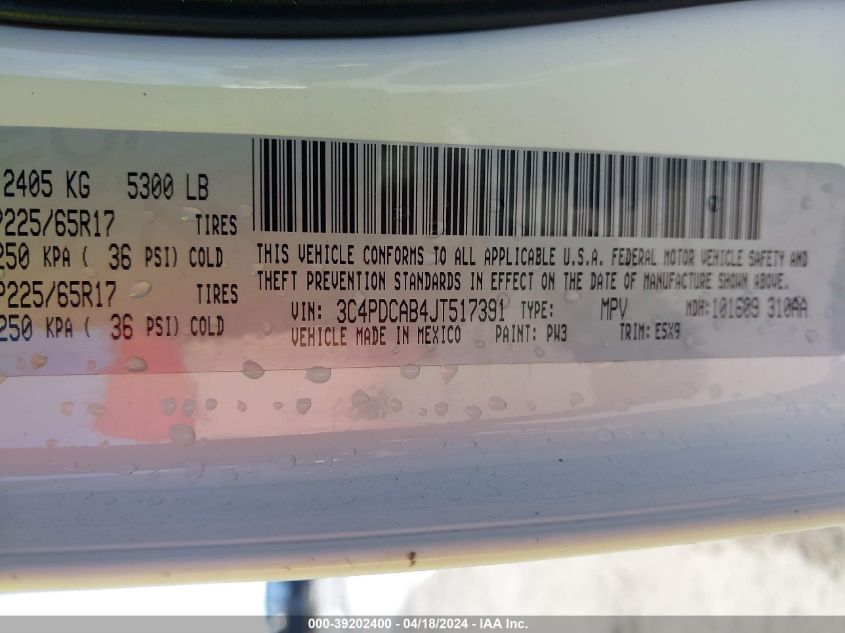 2018 Dodge Journey Se VIN: 3C4PDCAB4JT517391 Lot: 39202400