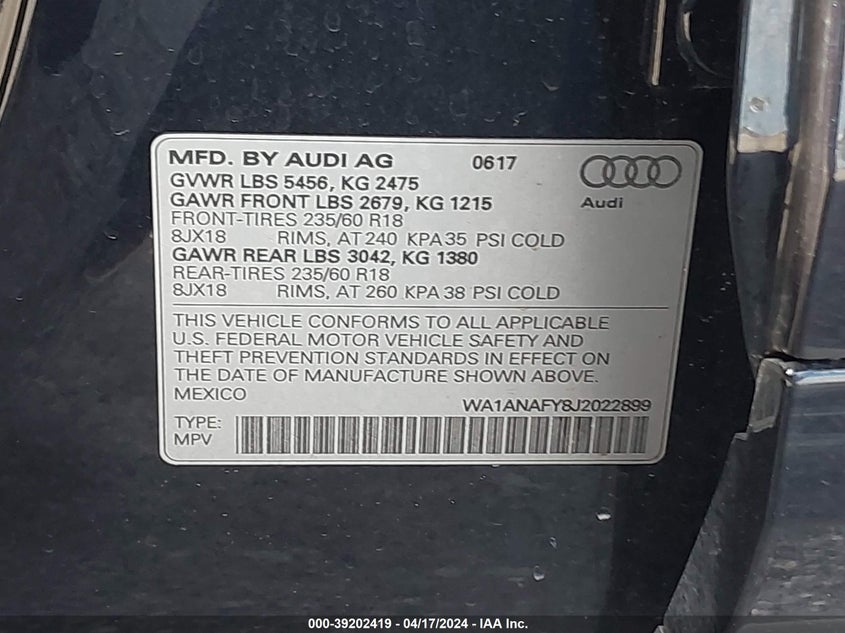 VIN WA1ANAFY8J2022899 2018 AUDI Q5 PREMIUM