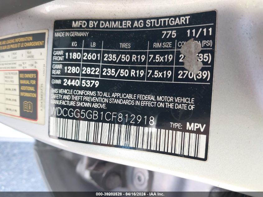 WDCGG5GB1CF812918 2012 Mercedes-Benz Glk 350