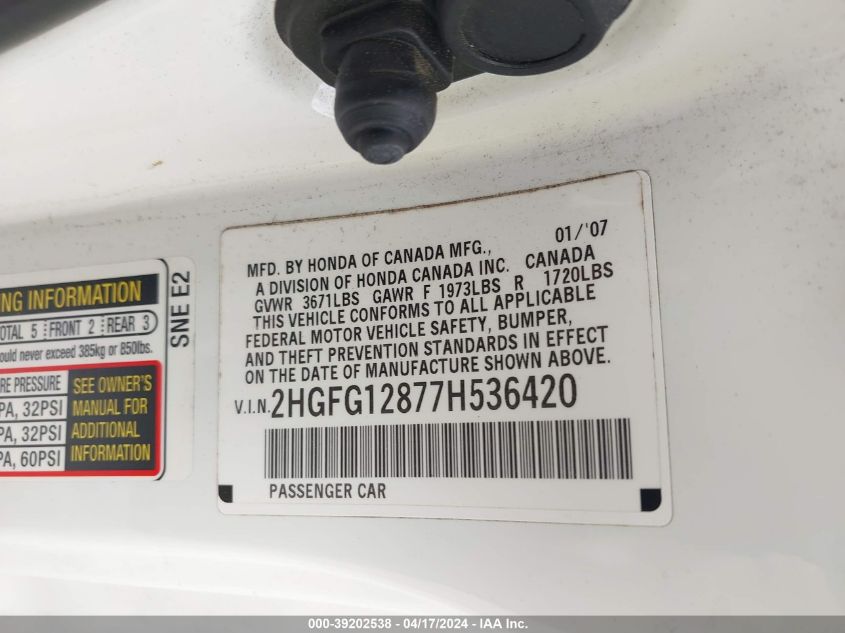 2007 Honda Civic Ex VIN: 2HGFG12877H536420 Lot: 39202538