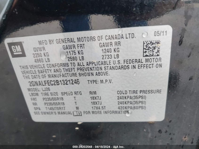 2011 Chevrolet Equinox Ltz VIN: 2GNALFEC2B1321246 Lot: 39202548