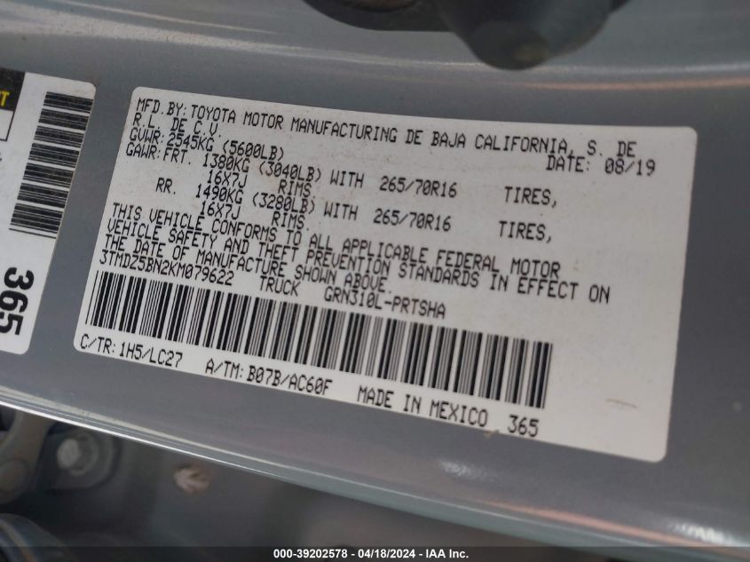 2019 TOYOTA TACOMA DOUBLE CAB/SR5/TRD SPORT/ - 3TMDZ5BN2KM079622
