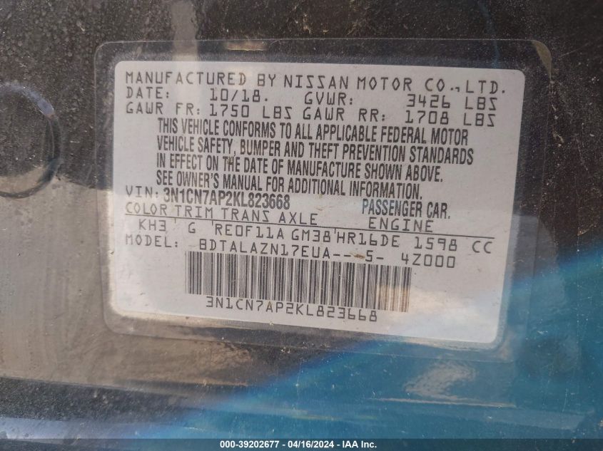 3N1CN7AP2KL823668 2019 Nissan Versa 1.6 S+