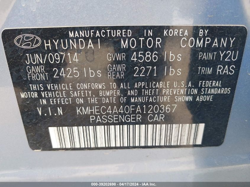 2015 Hyundai Sonata Hybrid VIN: KMHEC4A40FA120367 Lot: 39202698
