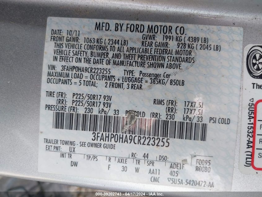 2012 Ford Fusion Se VIN: 3FAHP0HA9CR223255 Lot: 39202743