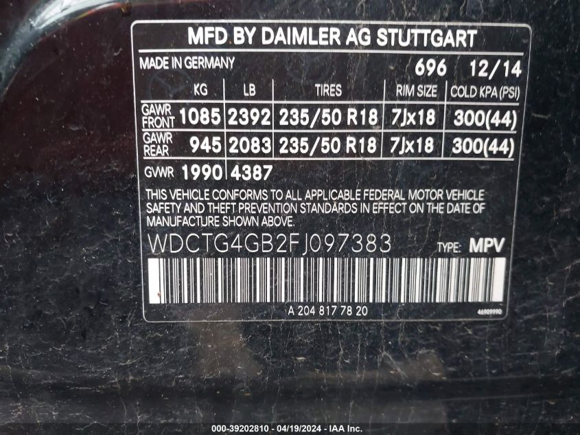 2015 Mercedes-Benz Gla 250 4Matic VIN: WDCTG4GB2FJ097383 Lot: 39202810