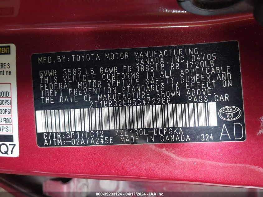 2005 Toyota Corolla S VIN: 2T1BR32E95C472266 Lot: 39203124