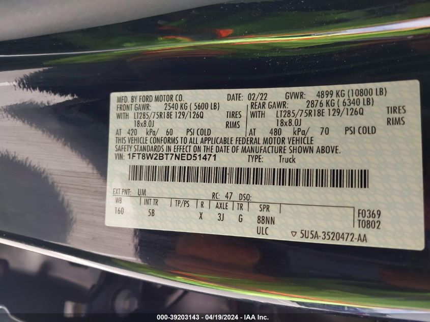 2022 Ford F-250 Lariat VIN: 1FT8W2BT7NED51471 Lot: 39203143