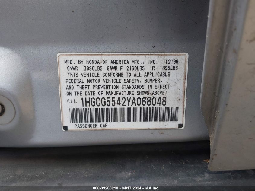 1HGCG5542YA068048 | 2000 HONDA ACCORD