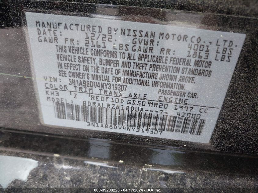 2022 Nissan Sentra Sr Xtronic Cvt VIN: 3N1AB8DV4NY319307 Lot: 39203223