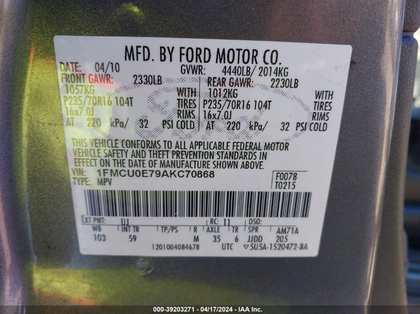 2010 Ford Escape Limited VIN: 1FMCU0E79AKC70868 Lot: 39203271