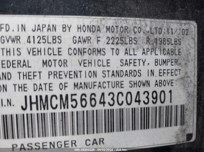 2003 Honda Accord 2.4 Ex VIN: JHMCM56643C043901 Lot: 39203328