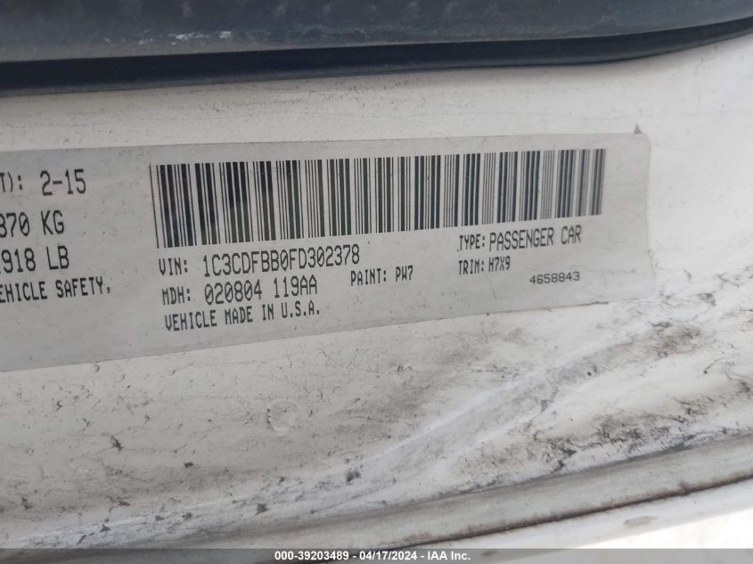 2015 Dodge Dart Sxt VIN: 1C3CDFBB0FD302378 Lot: 39203489