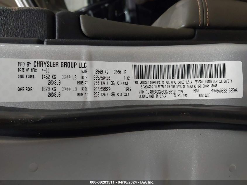 2011 Jeep Grand Cherokee Laredo VIN: 1J4RR4GG0BC675012 Lot: 39203511