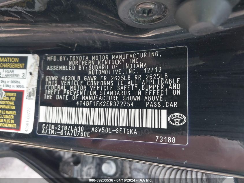 2014 TOYOTA CAMRY XLE - 4T4BF1FK2ER372754