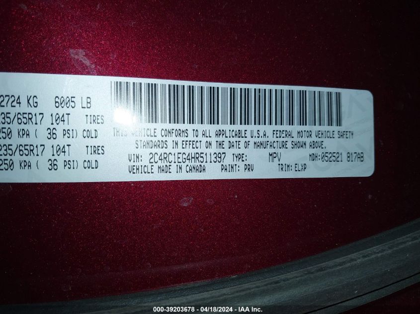 2017 CHRYSLER PACIFICA TOURING L PLUS - 2C4RC1EG4HR511397